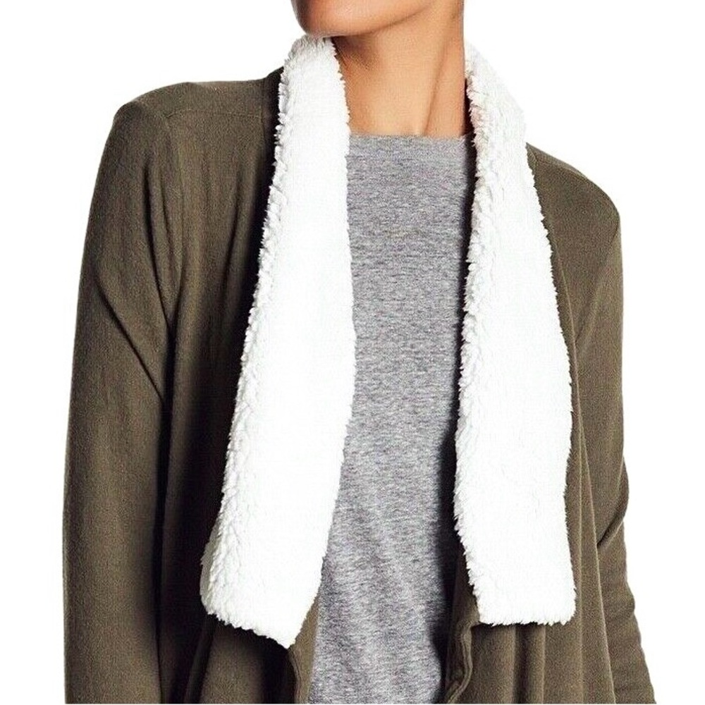 SUSINA Olive Green Faux Fur Trimmed Shawl Collar Draped Open Front Cardigan - Picture 4 of 12